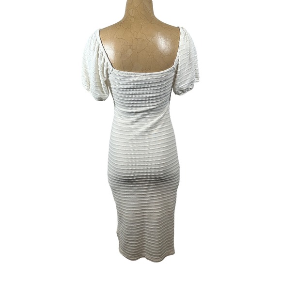White Form Fitting Bodycon Textured Puff Sleeve Square Neck Midi Dress Side Slit - Picture 3 of 8